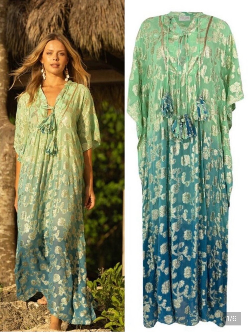 Ombre Green Floral Maxi Kaftan Coverup with Tassel Tie